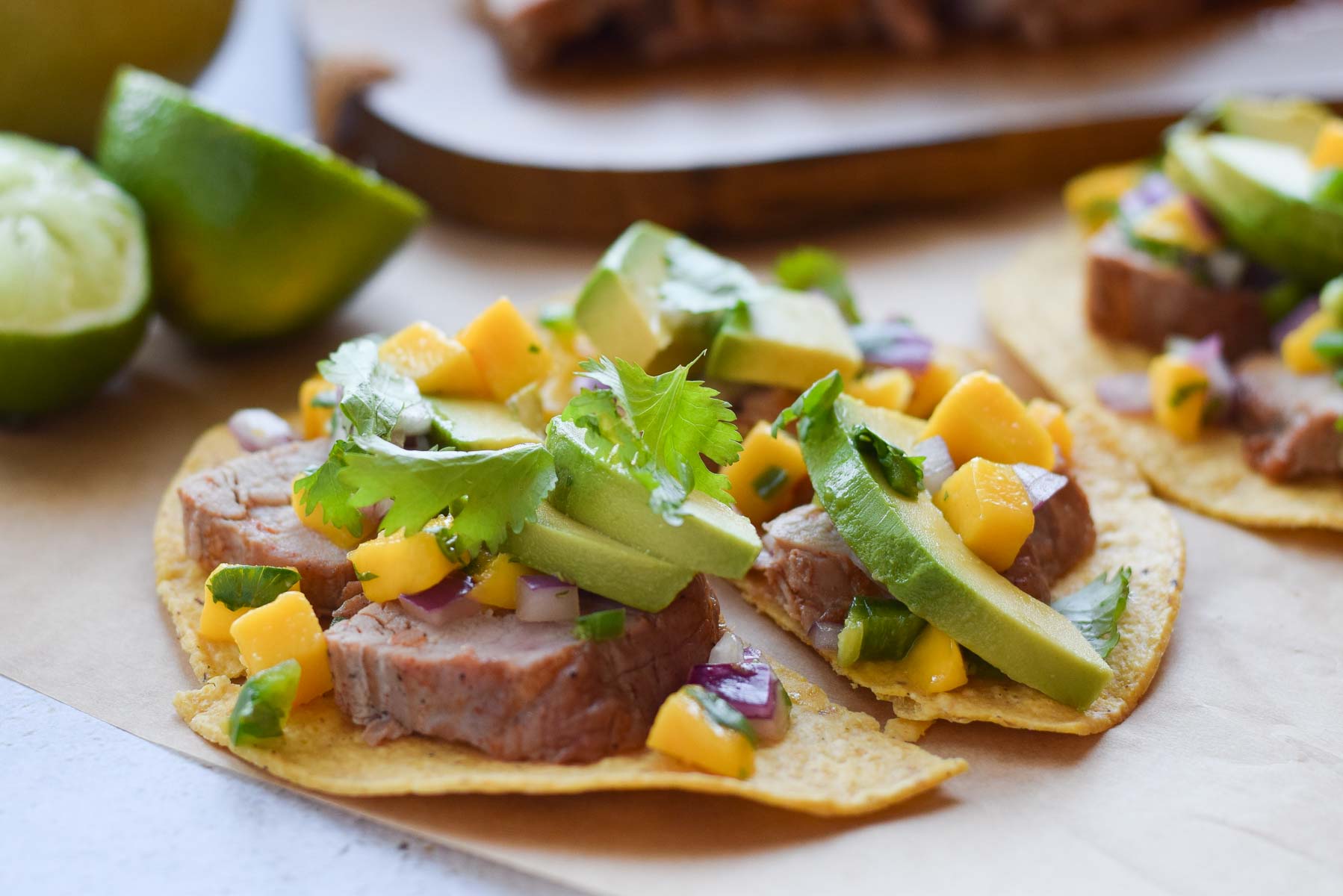 Pan-Fried Pork Belly Tostadas with Mango and Avocado Salsa