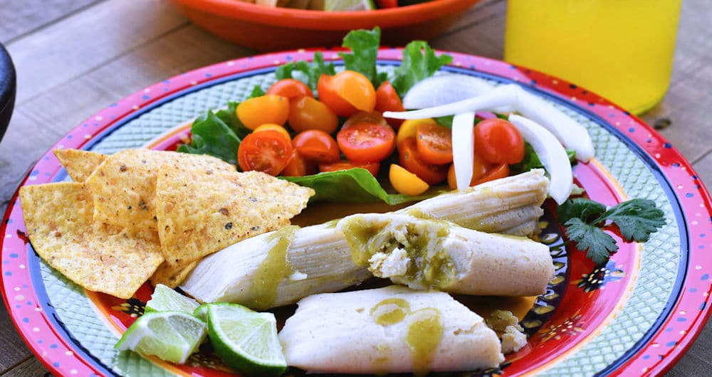 Steamed Chorizo Potato Tamales with Green Chile Sauce