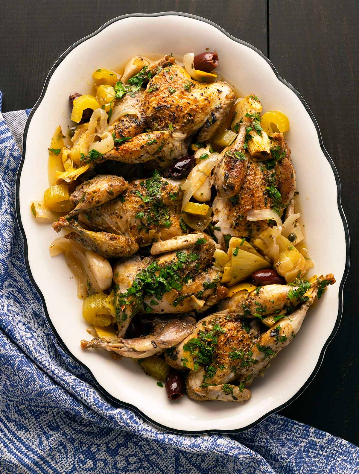 Braised Spatchcocked Quail with Wild Mushrooms and Cream