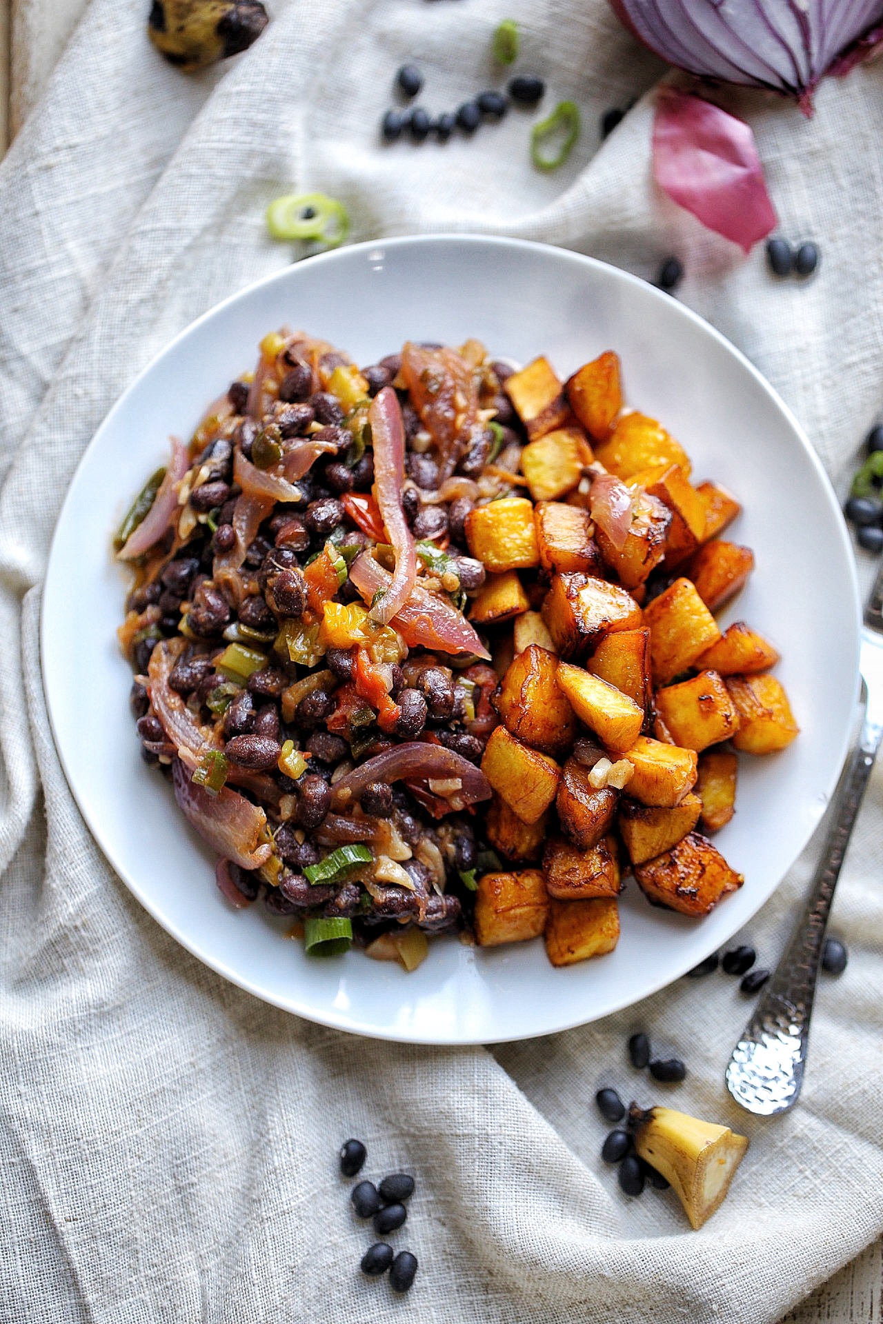 Stewed Black Beans with Coconut and Plantains