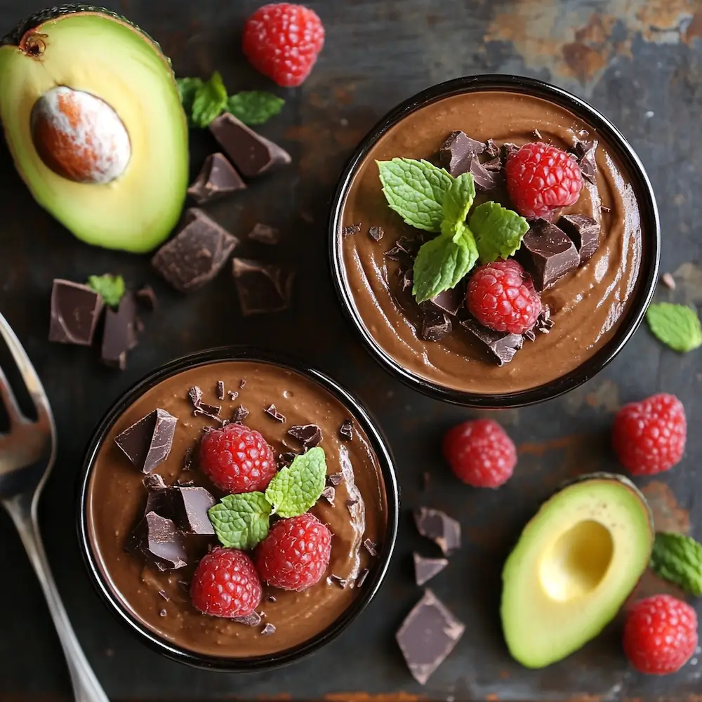 Mocha Chocolate Avocado Mousse with Raspberry Coulis