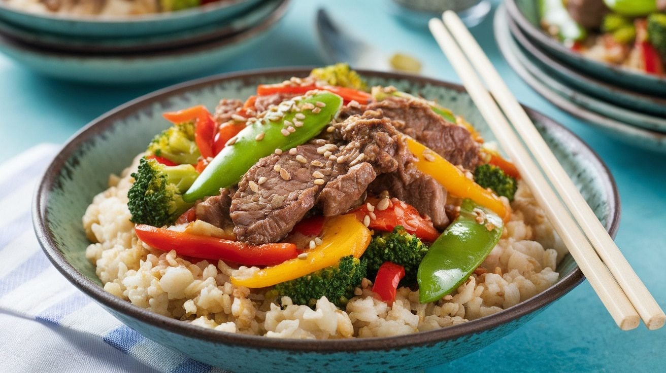 Crisp-Tender Beef Stir-Fry with Garlic Cauliflower Rice