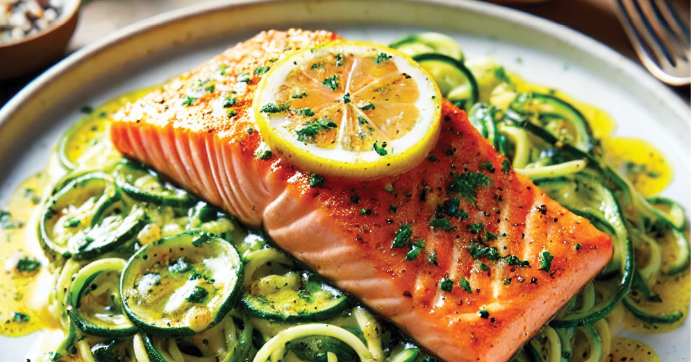 Lemon-Garlic Pan-Seared Salmon with Zucchini Noodles