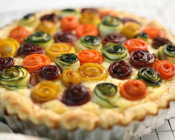 Ceramic-Topped Vegetable Tart with Edible Flowers