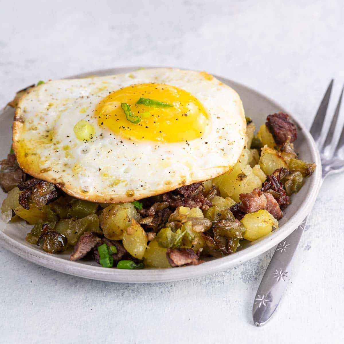 Cheddar Corn Beef Hash with Crispy Onions