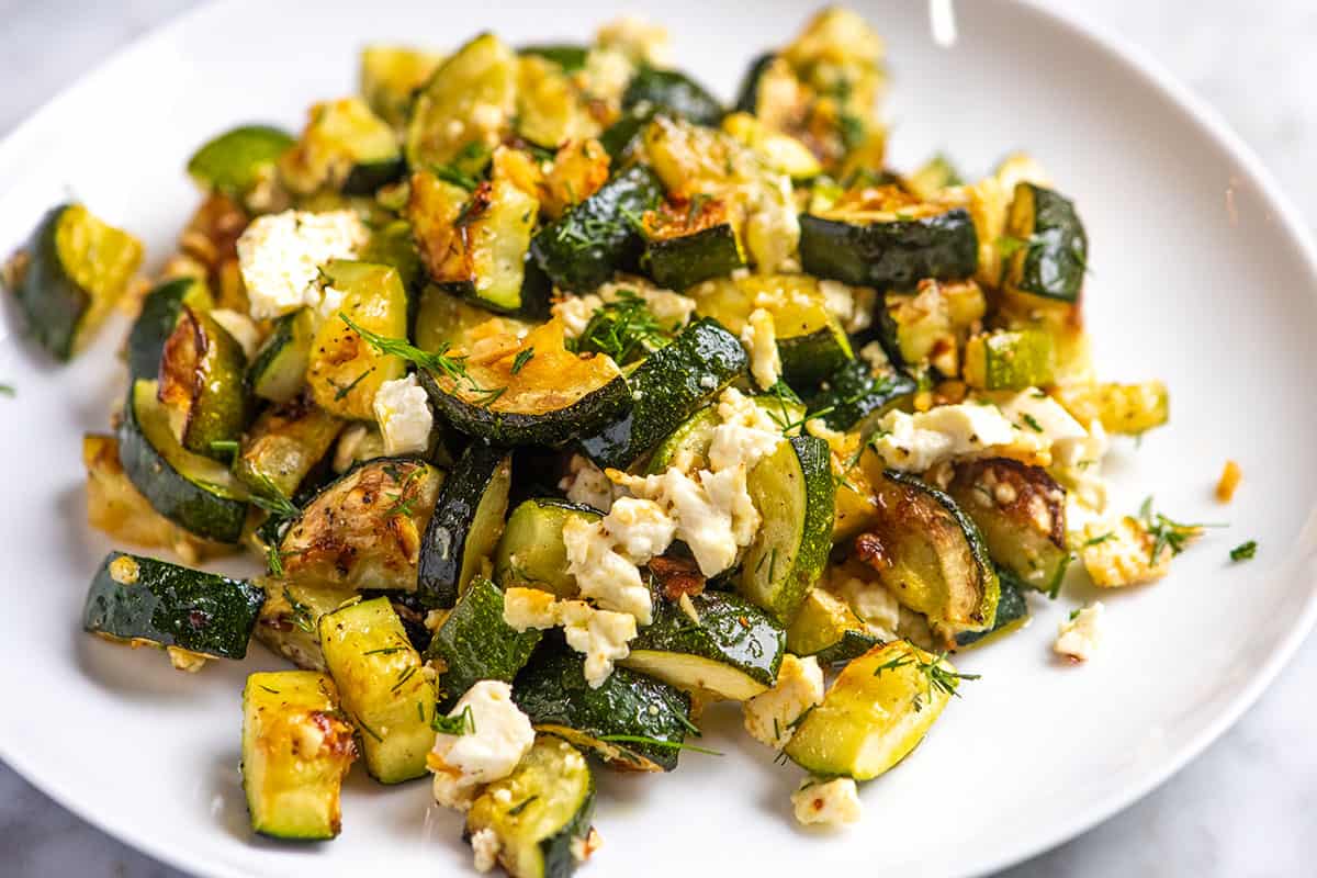 Garlic-Herb Roasted Zucchini with Feta Crisps