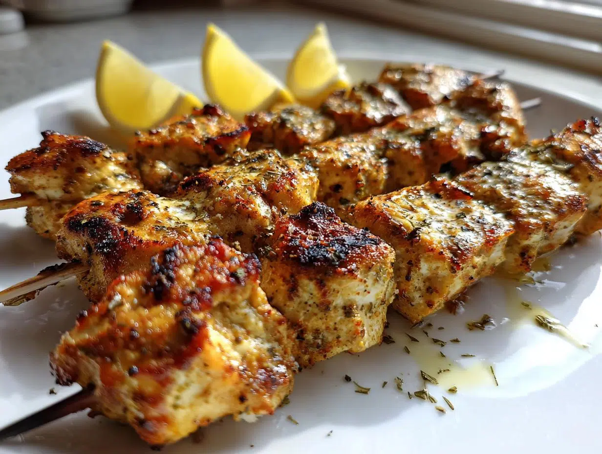 Greek Yogurt Marinated Chicken Skewers with Lemon and Oregano