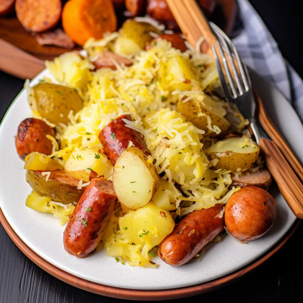 German Sausage with Sauerkraut and Boiled Potatoes