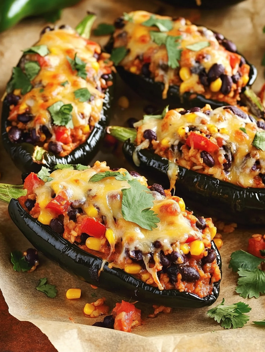 Baked Stuffed Poblano Peppers with Mole Sauce