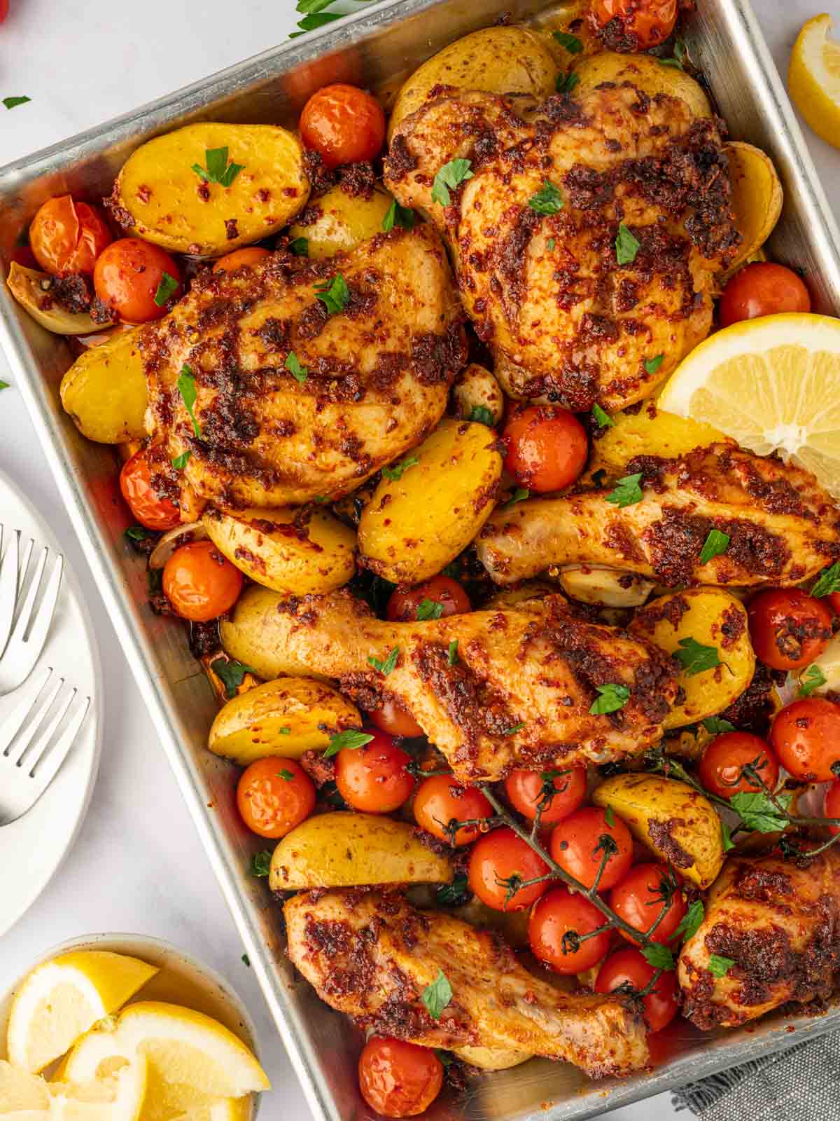 Harissa-Roasted Chicken with Bell Peppers and Zucchini