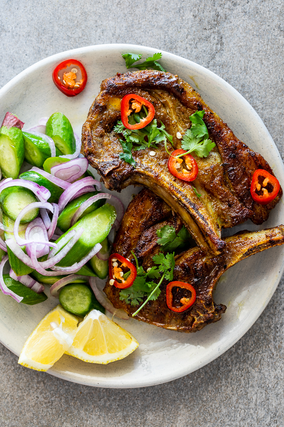 Spicy Harissa Lamb Chops with Cucumber Salad