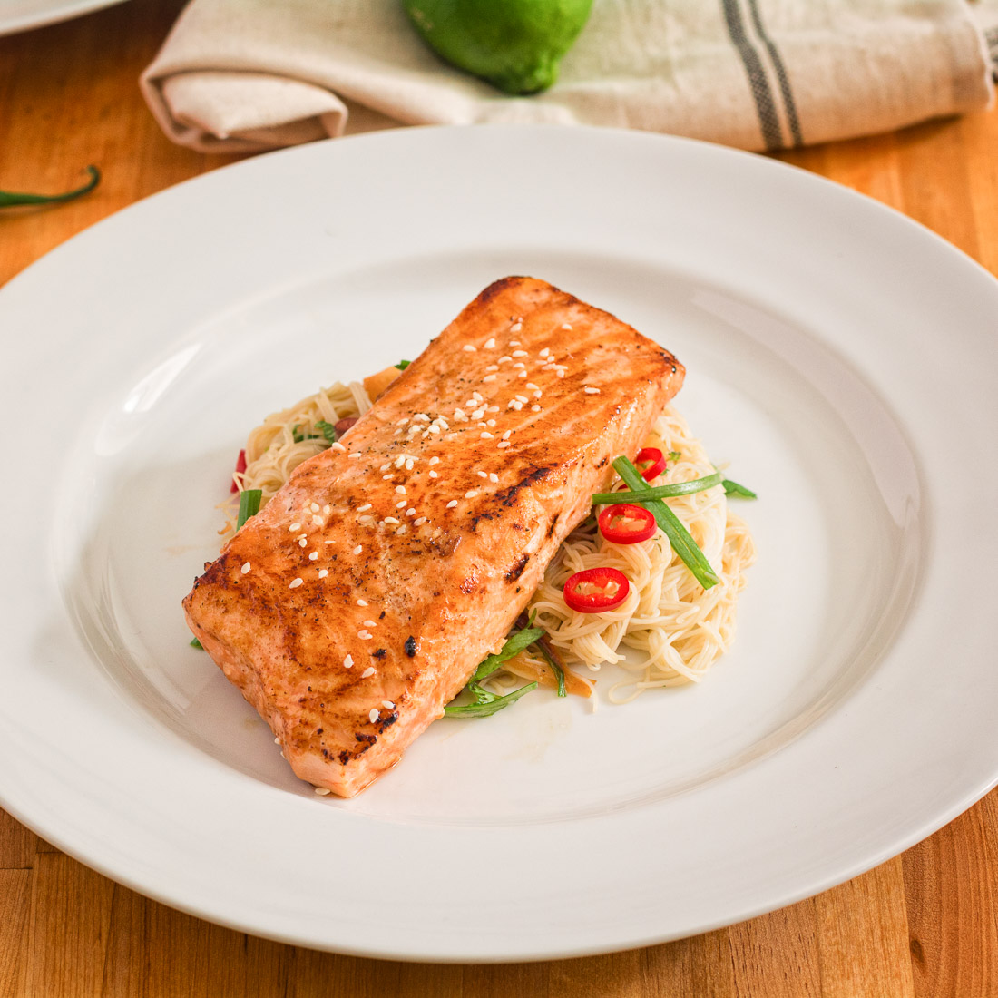 Sesame-Glazed Salmon with Snap Peas and Rice Noodles