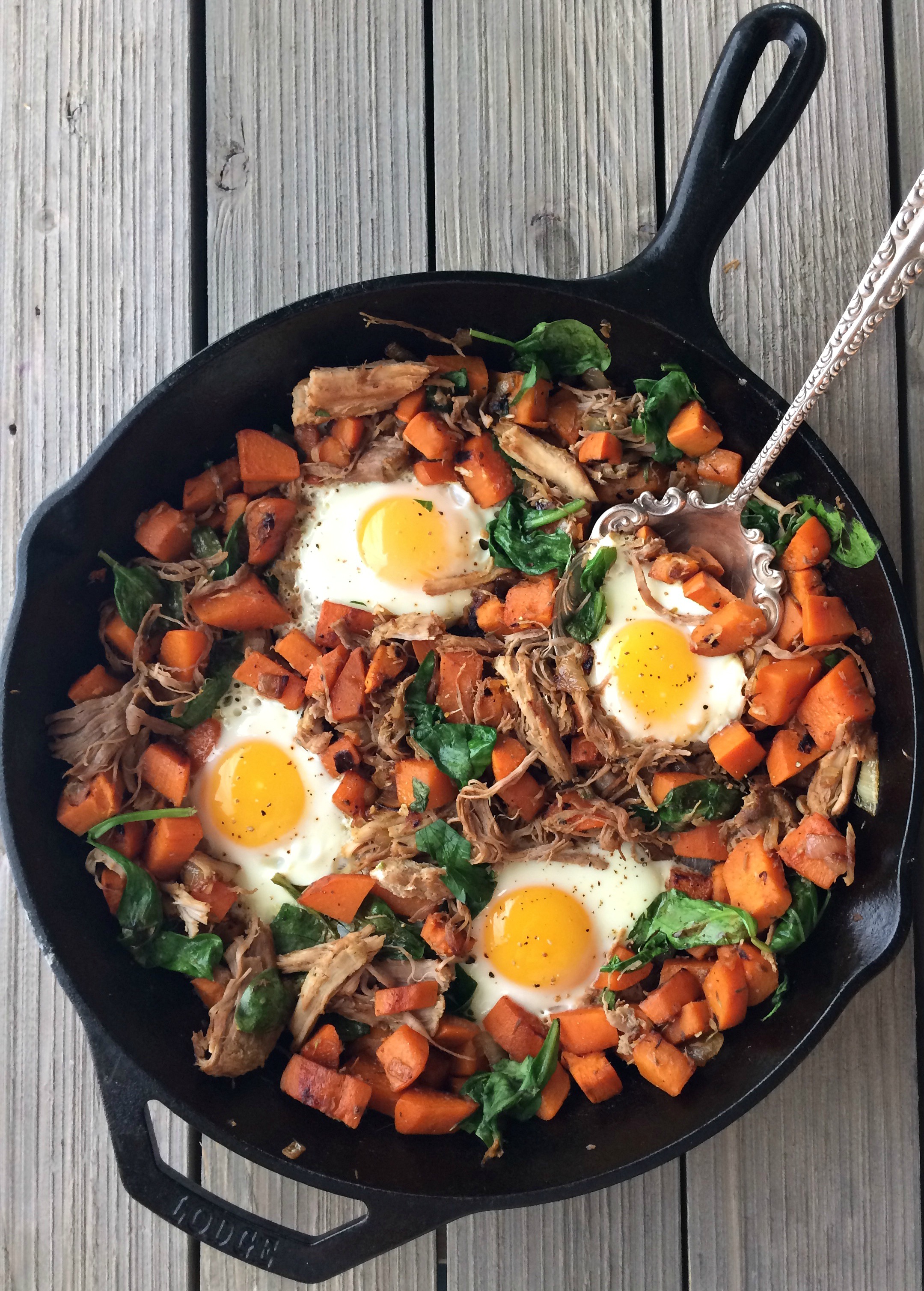 Garlic-Pulled Pork Breakfast Hash with Sweet Potatoes