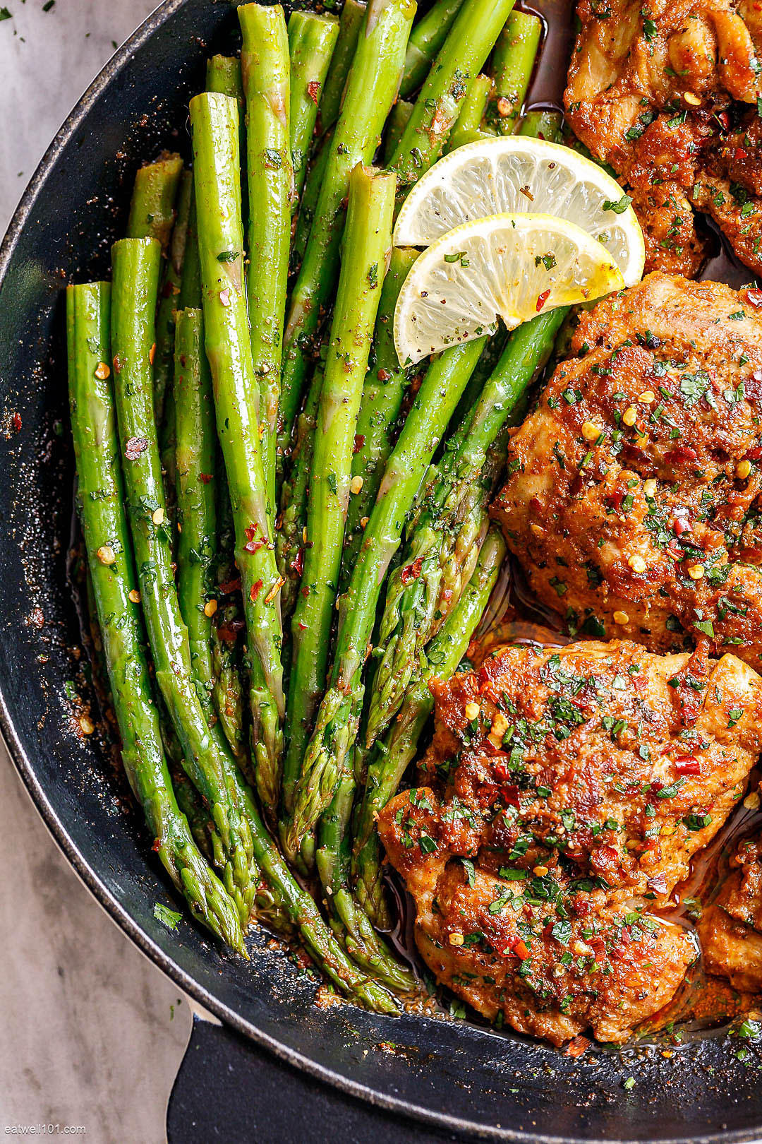 Sautéed Lemon Thyme Chicken Thighs with Roasted Asparagus