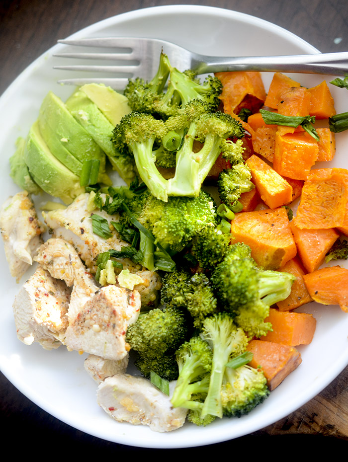 Baked Ginger-Garlic Chicken with Roasted Sweet Potato and Broccoli
