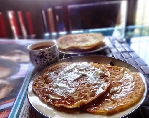 Sweet Rice Flour Pancakes with Jaggery Syrup
