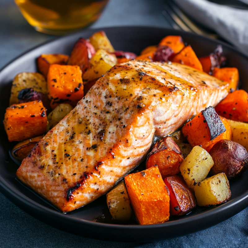 Maple-Dijon Glazed Salmon with Roasted Root Vegetables