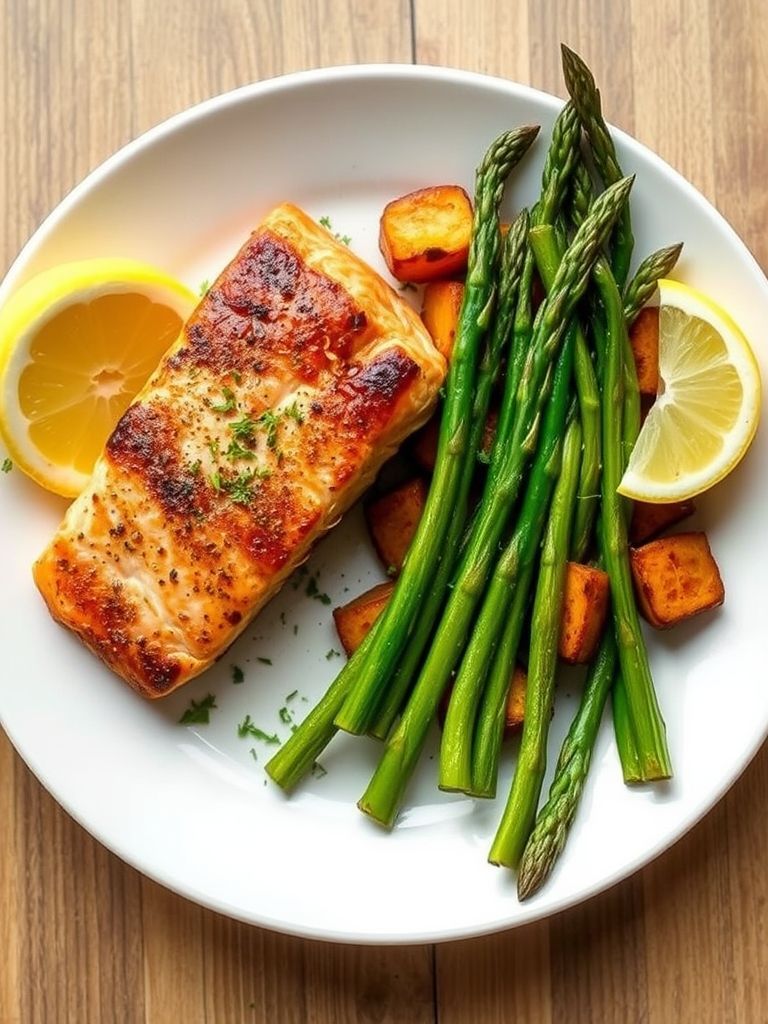 Pan-Seared Salmon with Sweet Potato and Asparagus