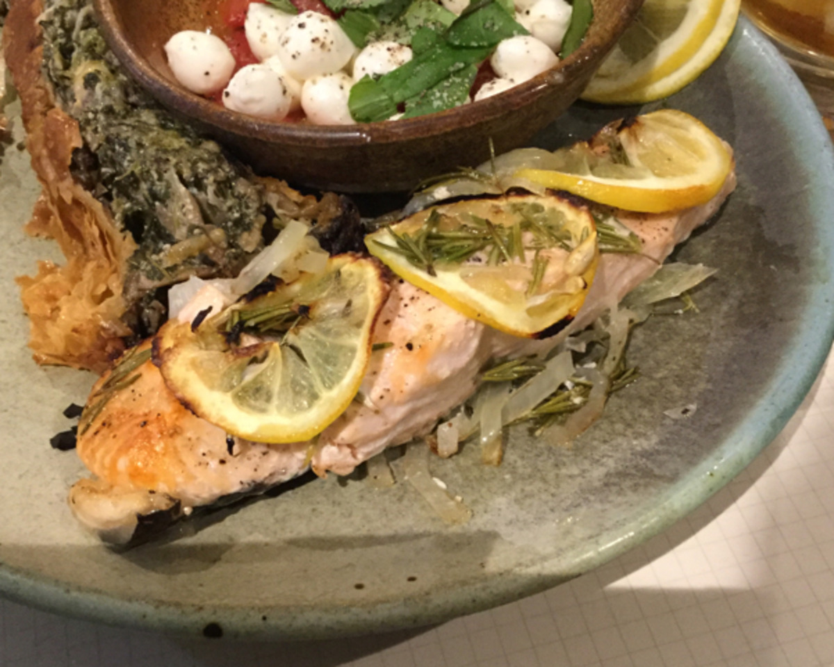 Rosemary-Smoked Salmon with Roasted Sweet Potatoes