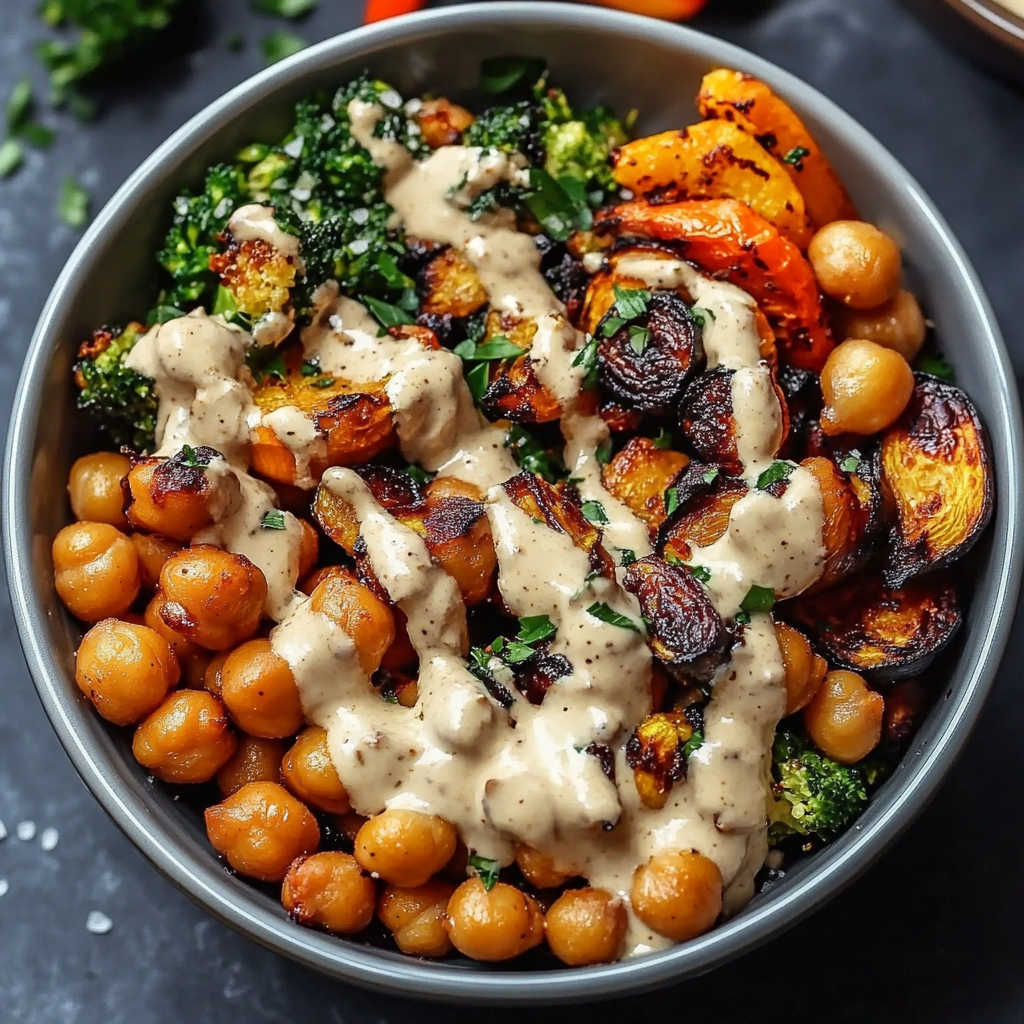 Baked Vegetable and Chickpea Bowl with Lemon-Tahini Dressing