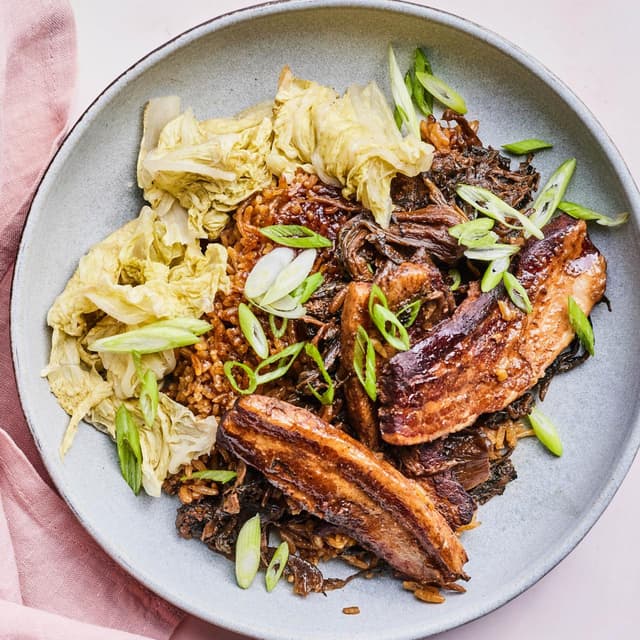 Miso-Glazed Pork Belly with Bok Choy and Rice