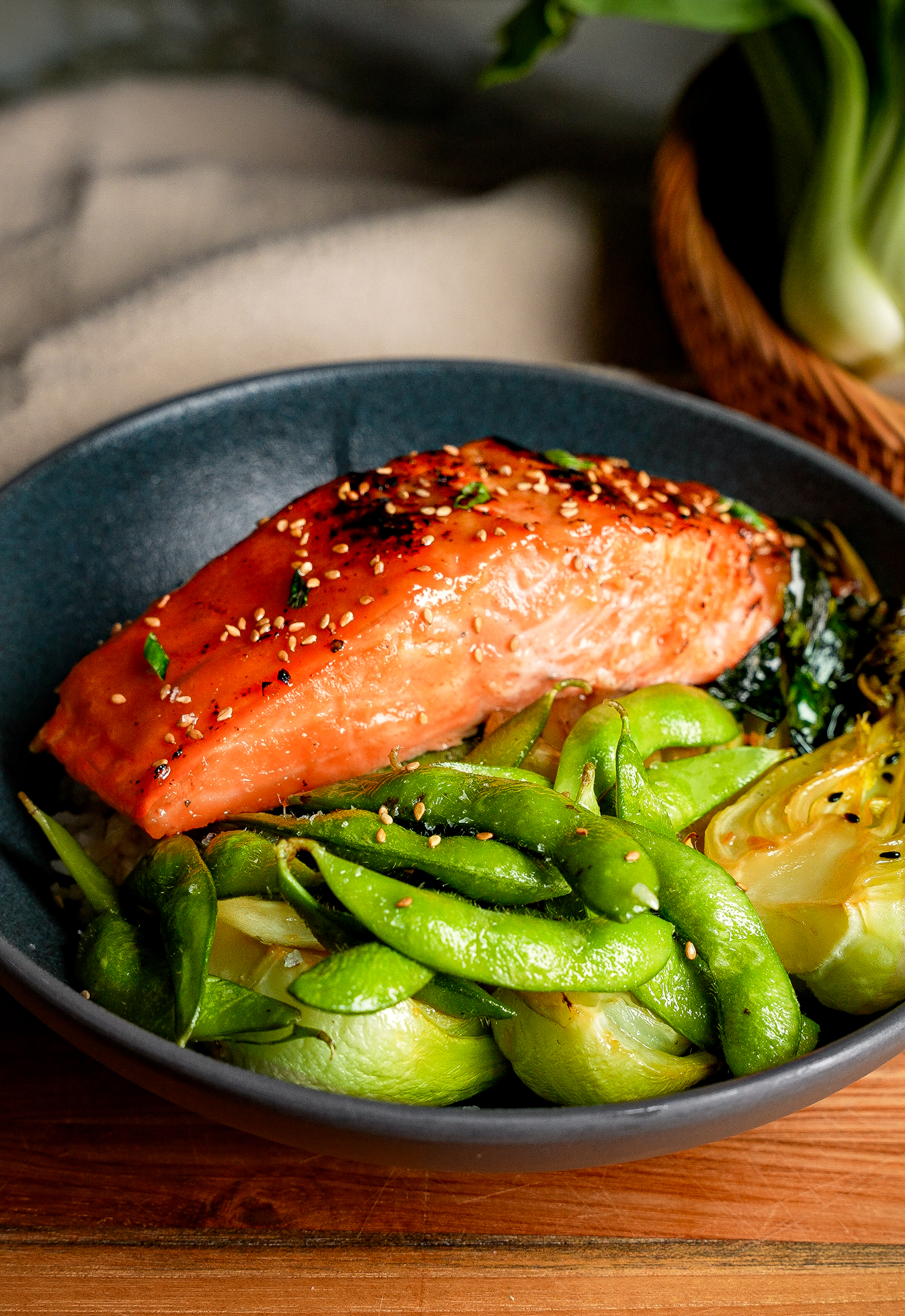 Yuzu-Infused Miso Glazed Salmon with Sesame Greens