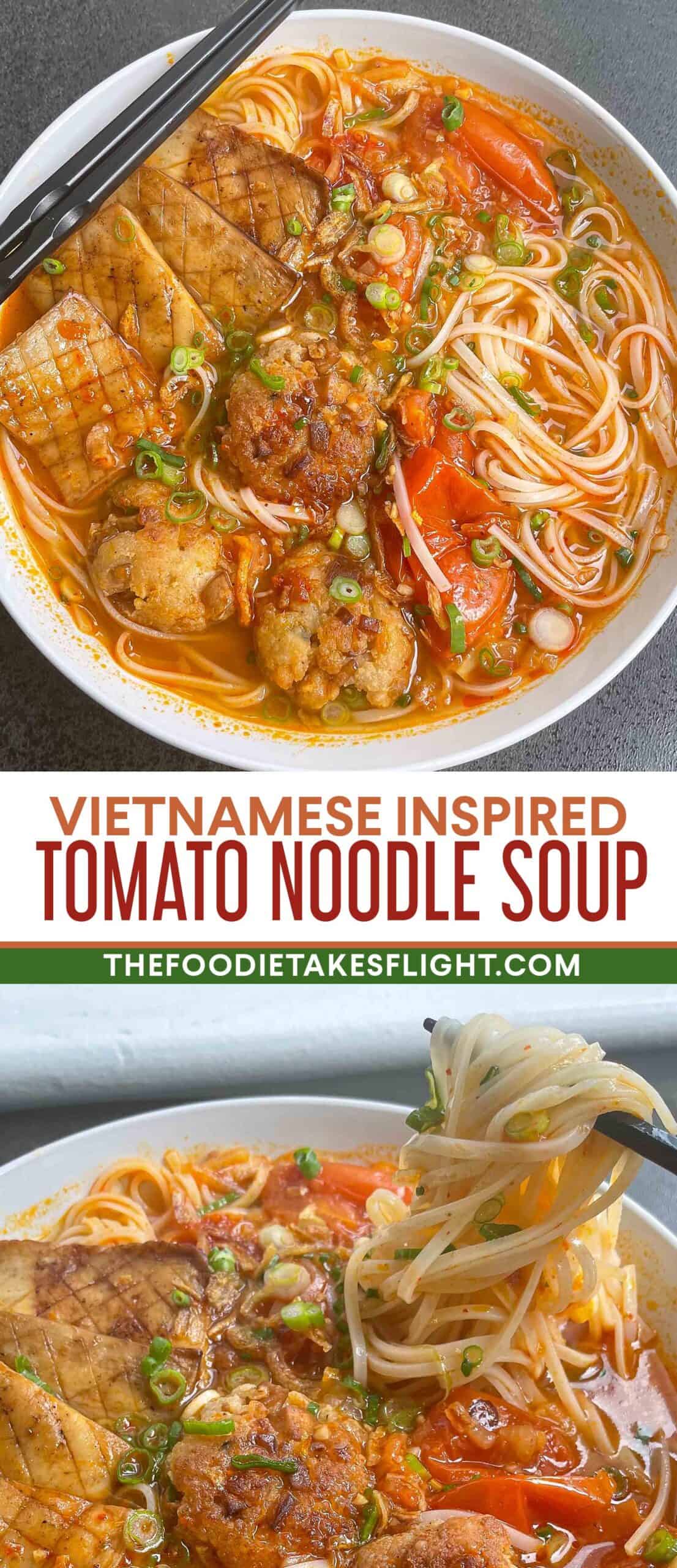 Tomato Broth Noodle Soup with Vegetables and Herbs
