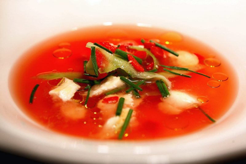 Spectrum-Infused Tomato Consommé