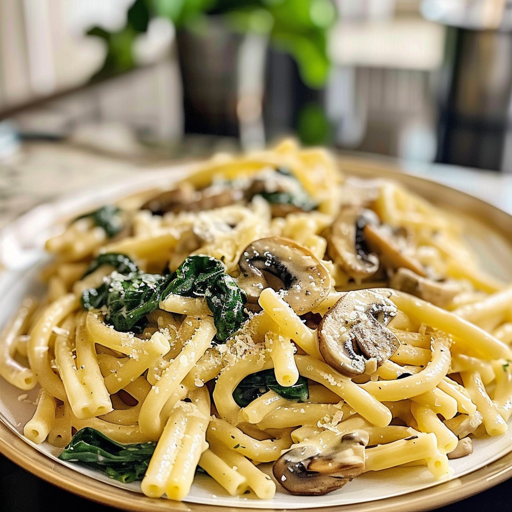 Sautéed Spinach Mushroom Pasta with Toasted Parmesan