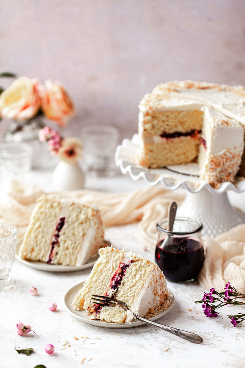 Layered Coconut Cake with Hidden Fruit Compote