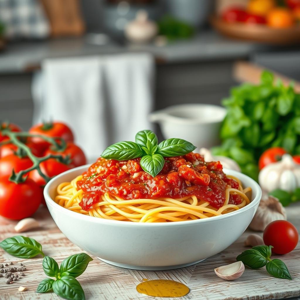 Two-Part Tomato Basil Spaghetti with Equal Sauce Proportions