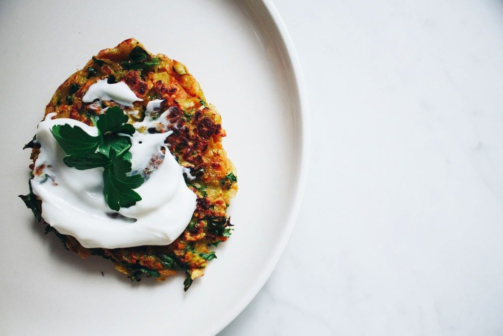Golden Vegetable Fritters with Lemon-Dill Yogurt
