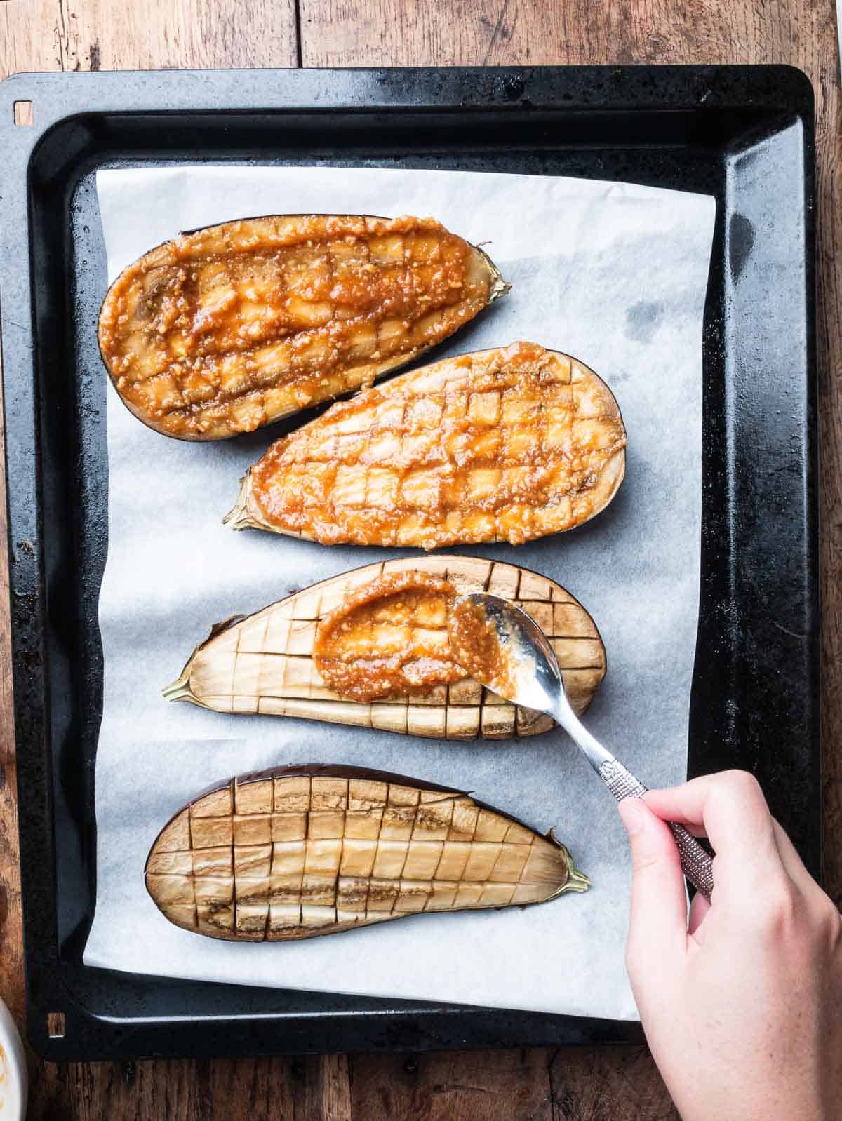 Miso-Glazed Eggplant and Tofu with Sesame-Ginger Sauce