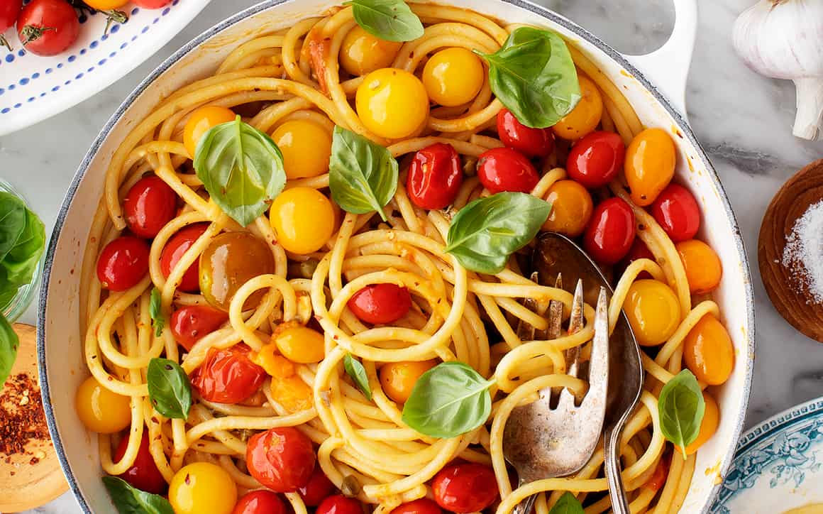 Sautéed Yellow Tomato Basil Pasta with Lemon Zest