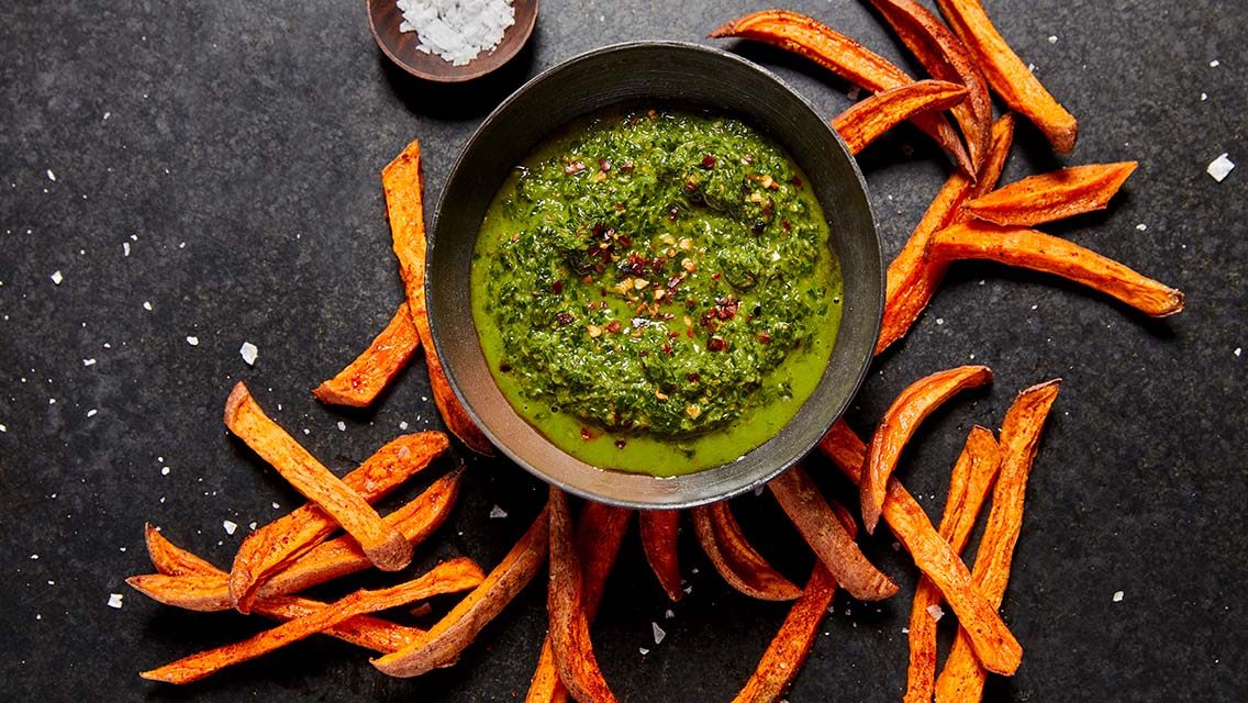 Dino-Shape Sweet Potato Fries with Chimichurri