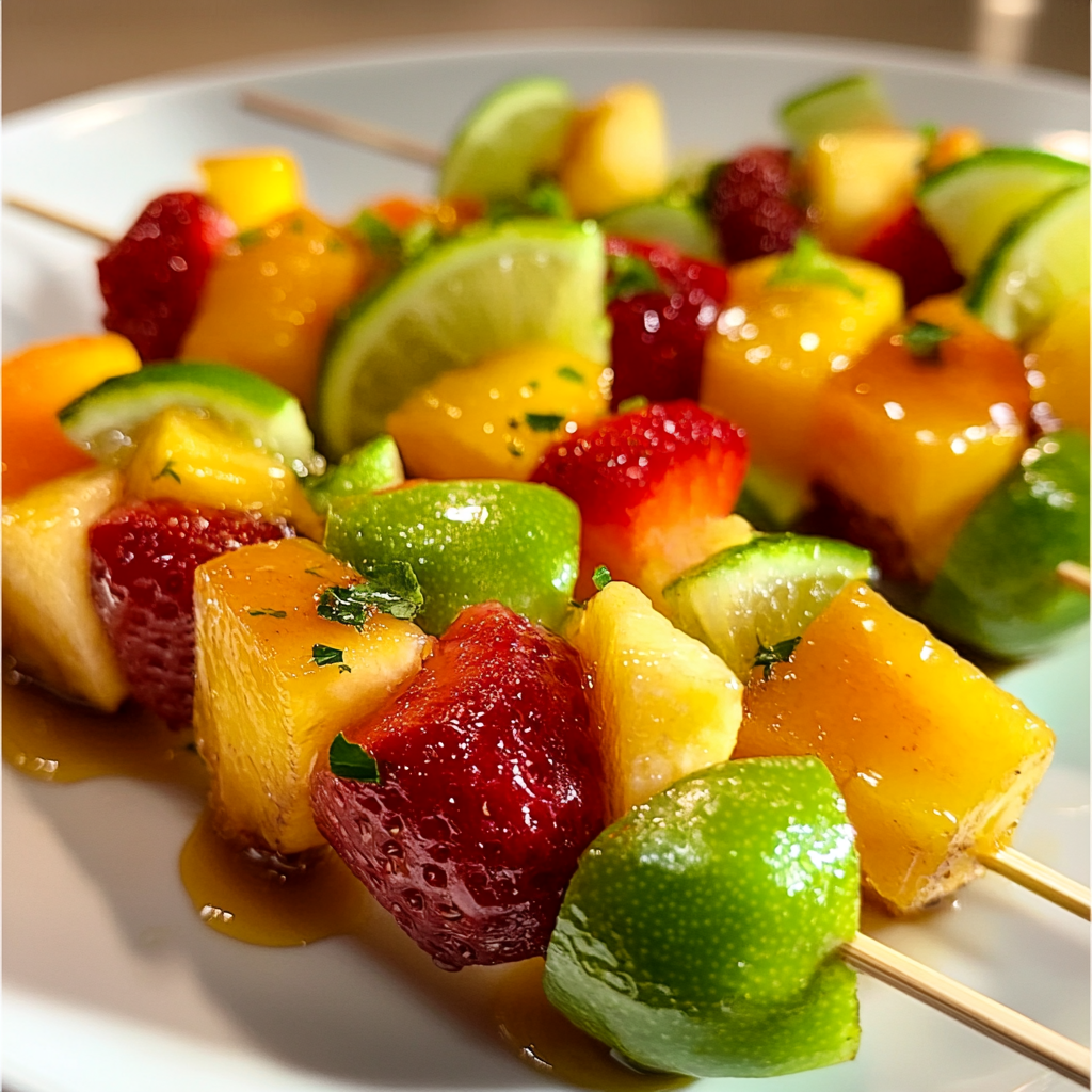 Dino-Shaped Fruit Skewers with Honey-Lime Drizzle