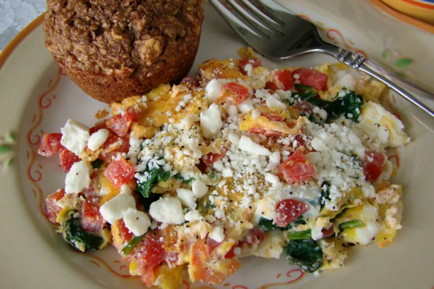 Roasted Tomato Halves with Scrambled Eggs and Feta
