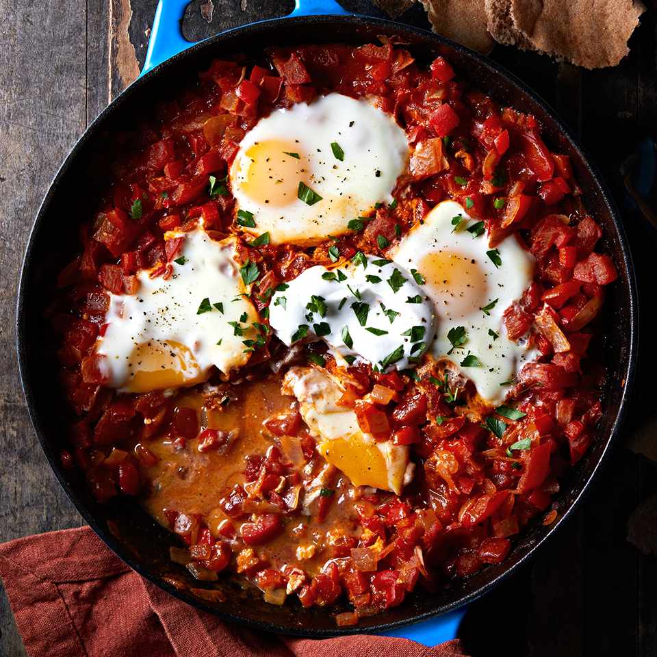 Shakshuka with Spiced Tomato Sauce and Pita