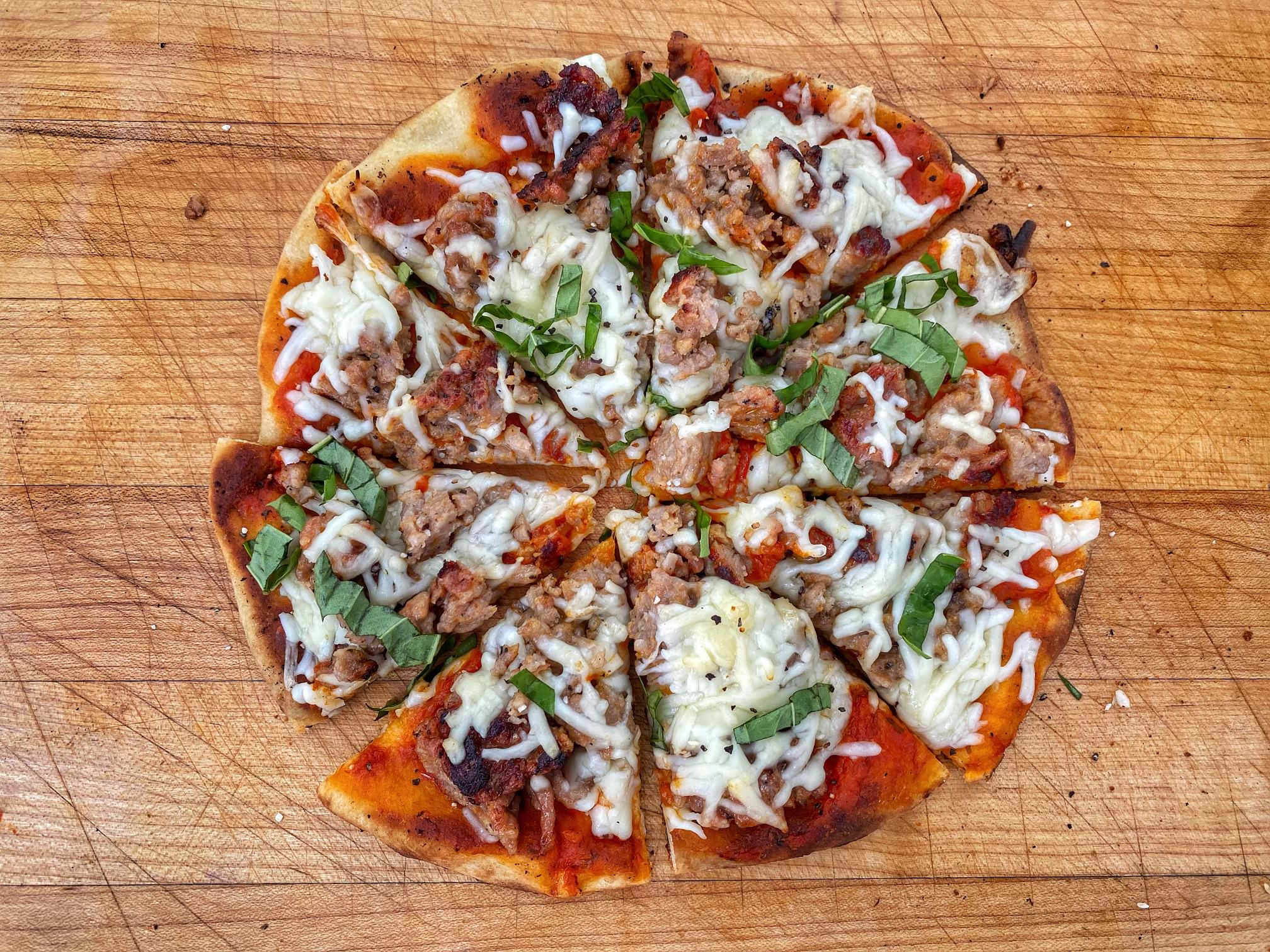 Cauliflower Flatbread Pizza with Sausage and Roasted Veggies