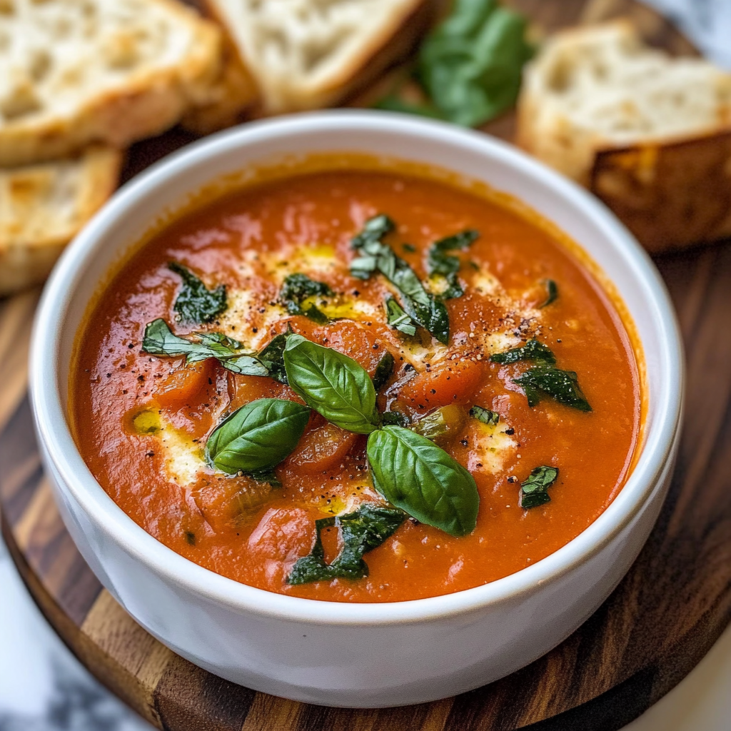 Slow-Simmered Tomato Basil Soup with Crusty Bread