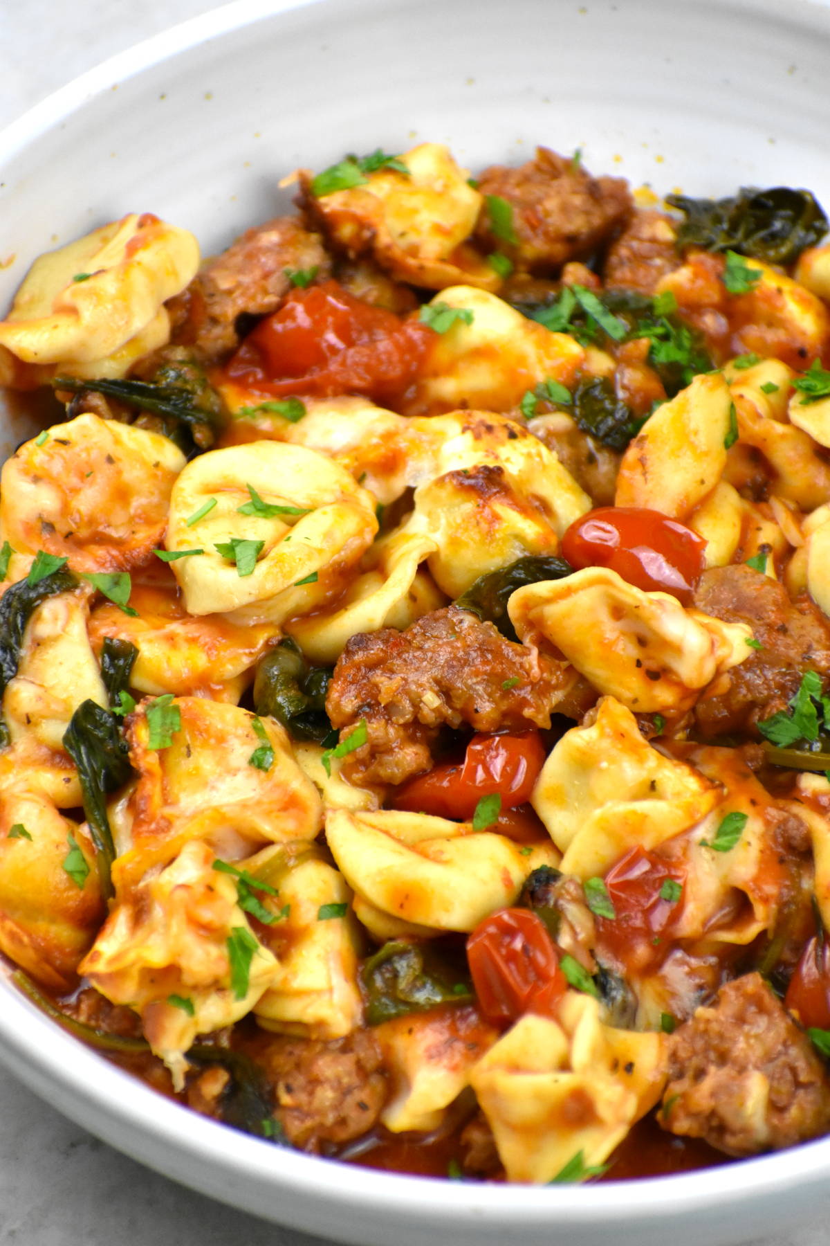 Baked Chicken Sausage and Tortellini with Marinara