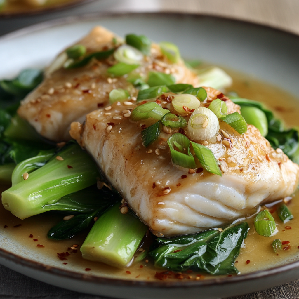 Ginger-Sesame Steamed Fish with Bok Choy