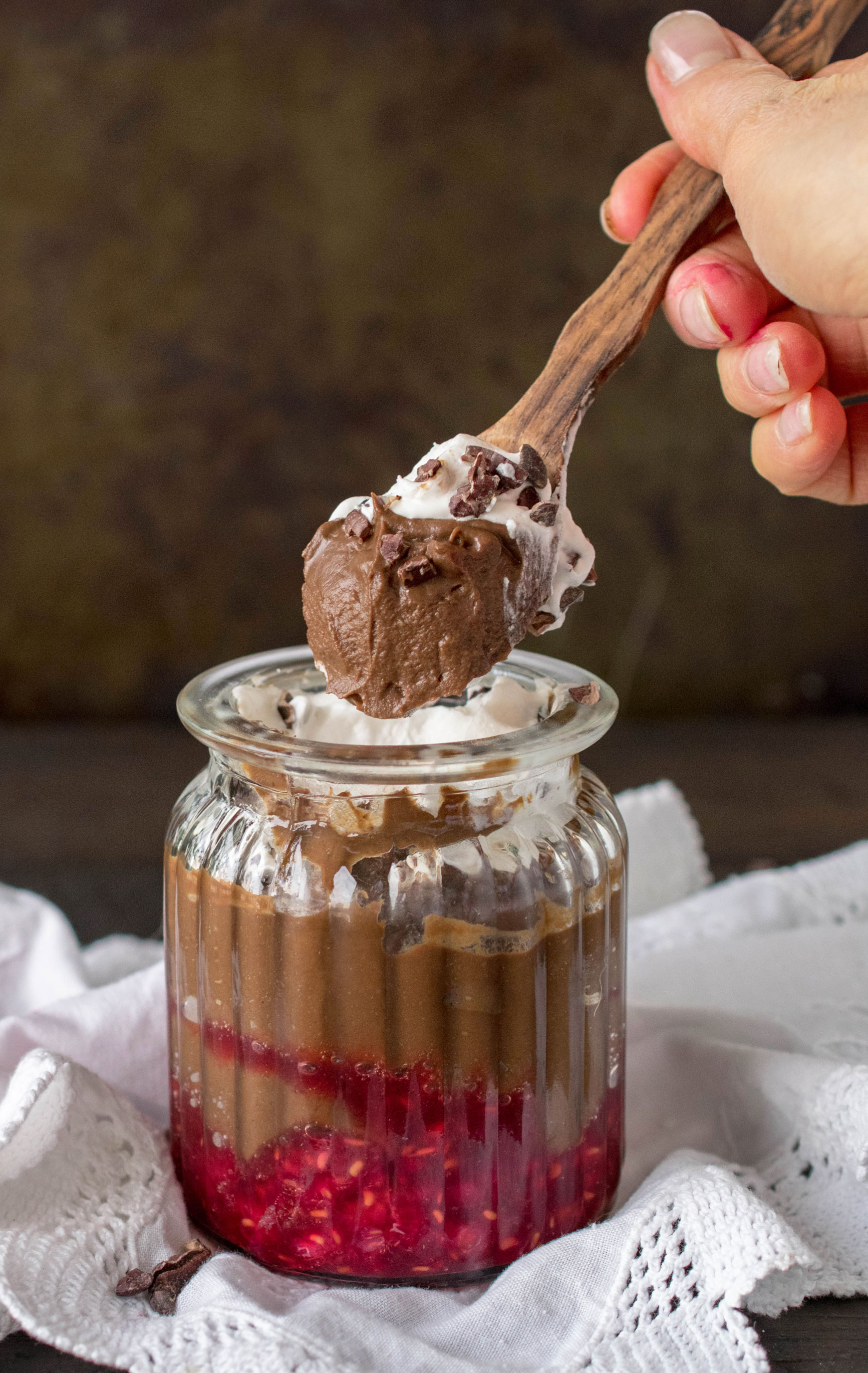 No-Bake Dark Chocolate Mousse with Raspberry Swirl