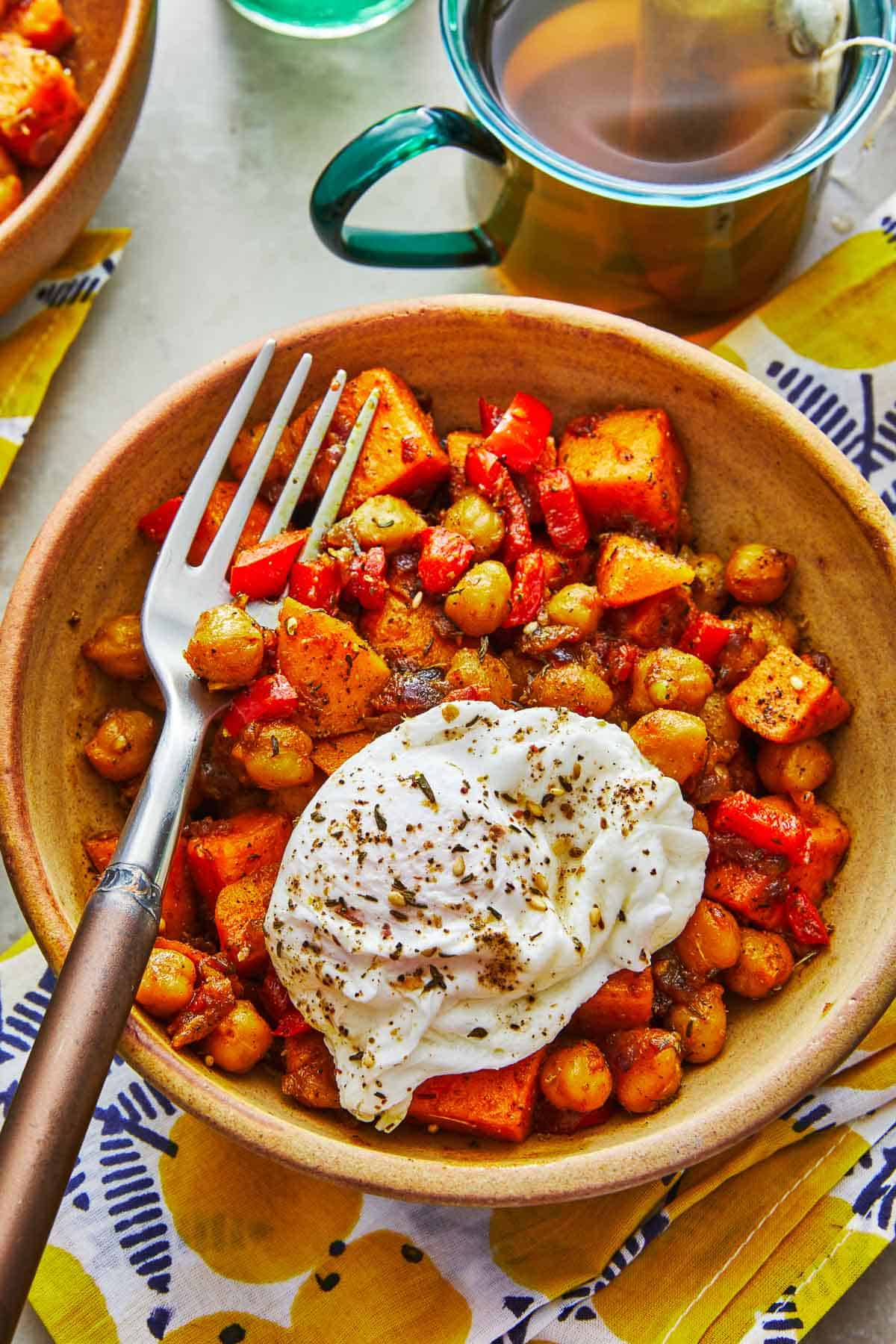 Harissa-Roasted Chickpeas with Sweet Potato Hash