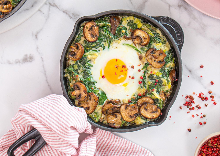 Spinach and Mushroom Baked Eggs with Cheddar
