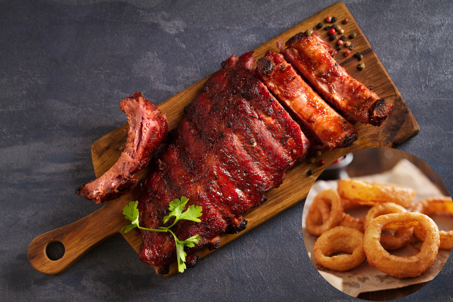 Peach-Bourbon Barbecue Ribs with Onion Rings
