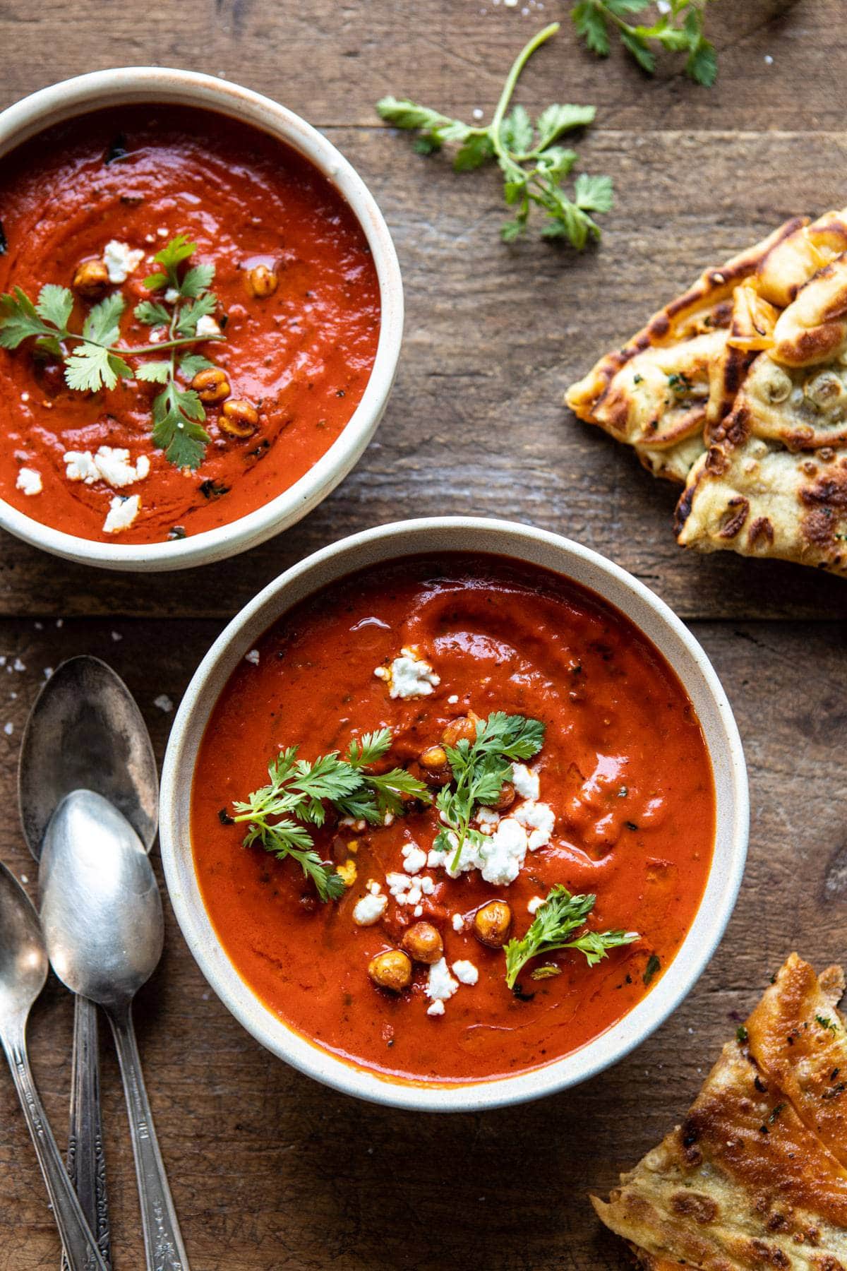Harissa-Spiced Tomato Soup with Crispy Garlic Croutons