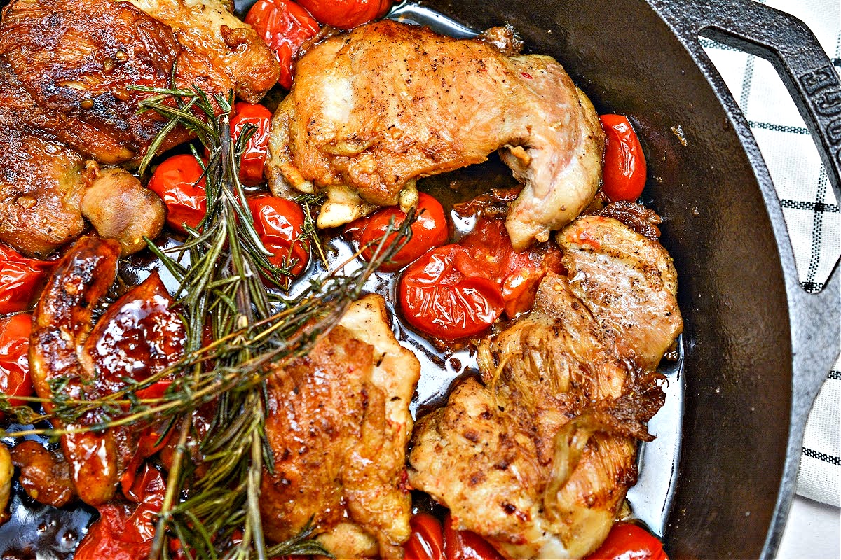 Herb-Crusted Chicken Thighs with Cherry Tomatoes and Rosemary