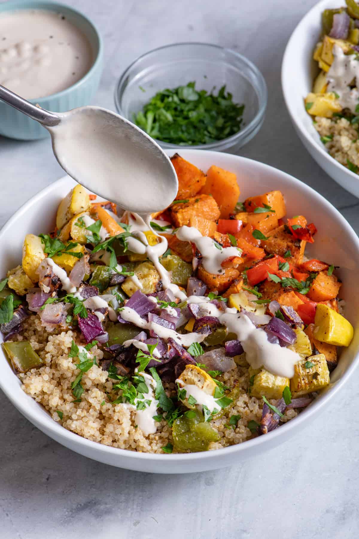 Tahini-Roasted Vegetable Quinoa Bowl