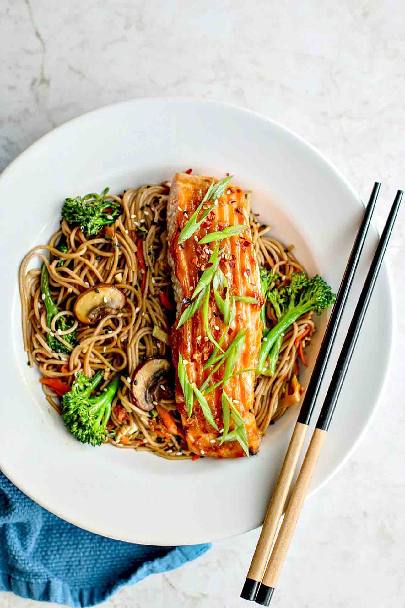 Miso-Glazed Salmon with Soba Noodles and Steamed Broccoli